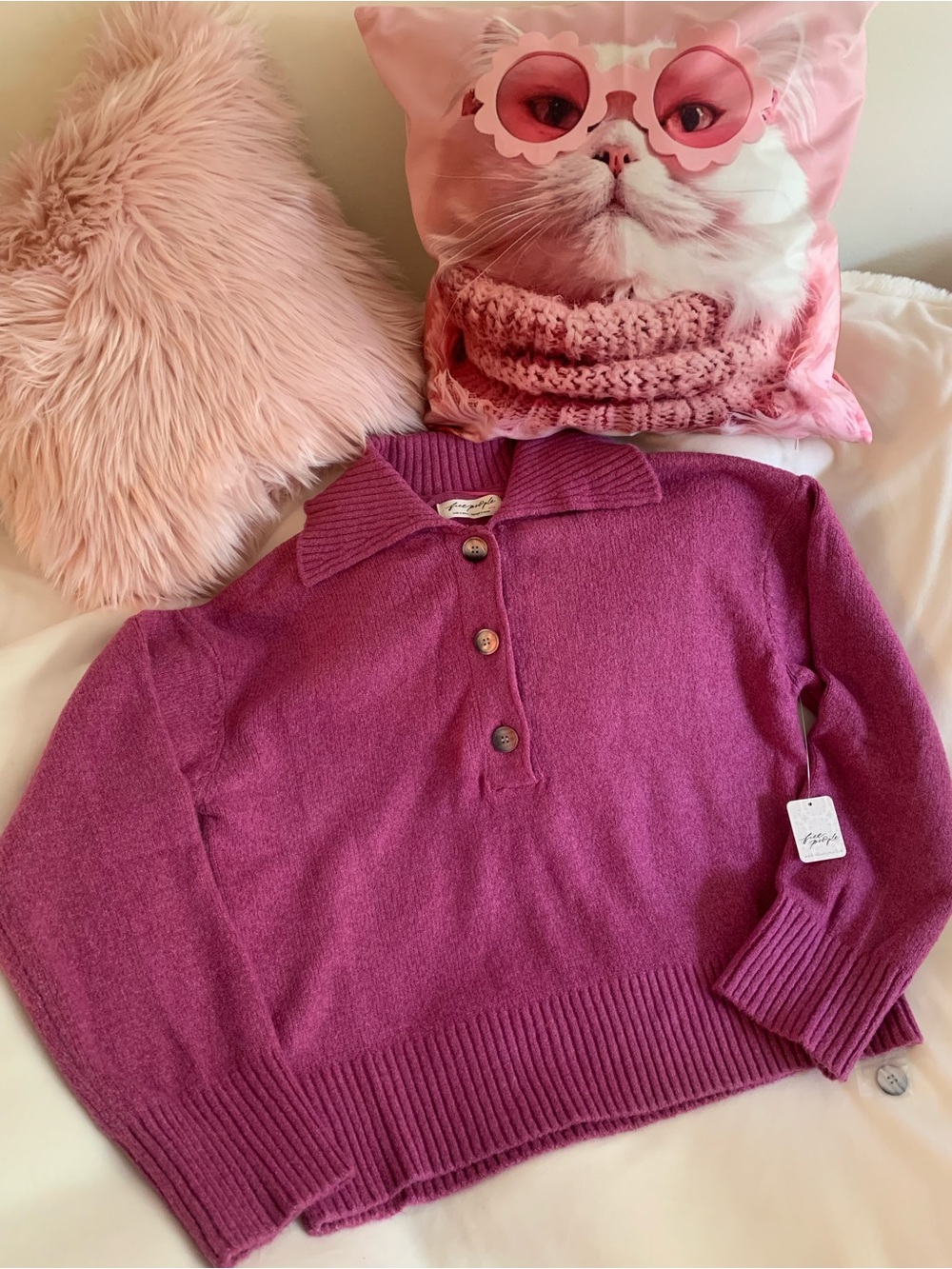 Free People Trading Up Polo Sweater Magenta Haze Pink Medium NWT